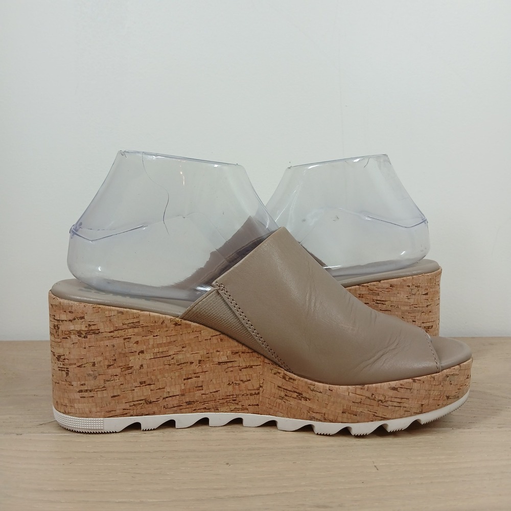 Sorel Joanie II Slide Sandals Women's 8 Taupe Leather Cork Wedge Platform - Picture 4 of 12